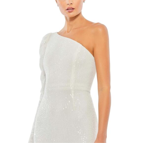 NWT IEENA FOR MAC DUGGAL WHITE SEQUINED ONE SHOULDER TRUMPET GOWN 2 - Picture 2 of 10